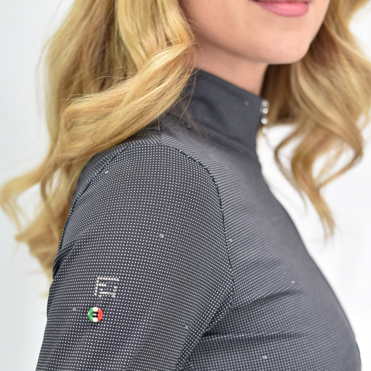 For Horses Gioconda Women's Long Sleeve Schooling Shirt in Black Dots shoulder logo detail