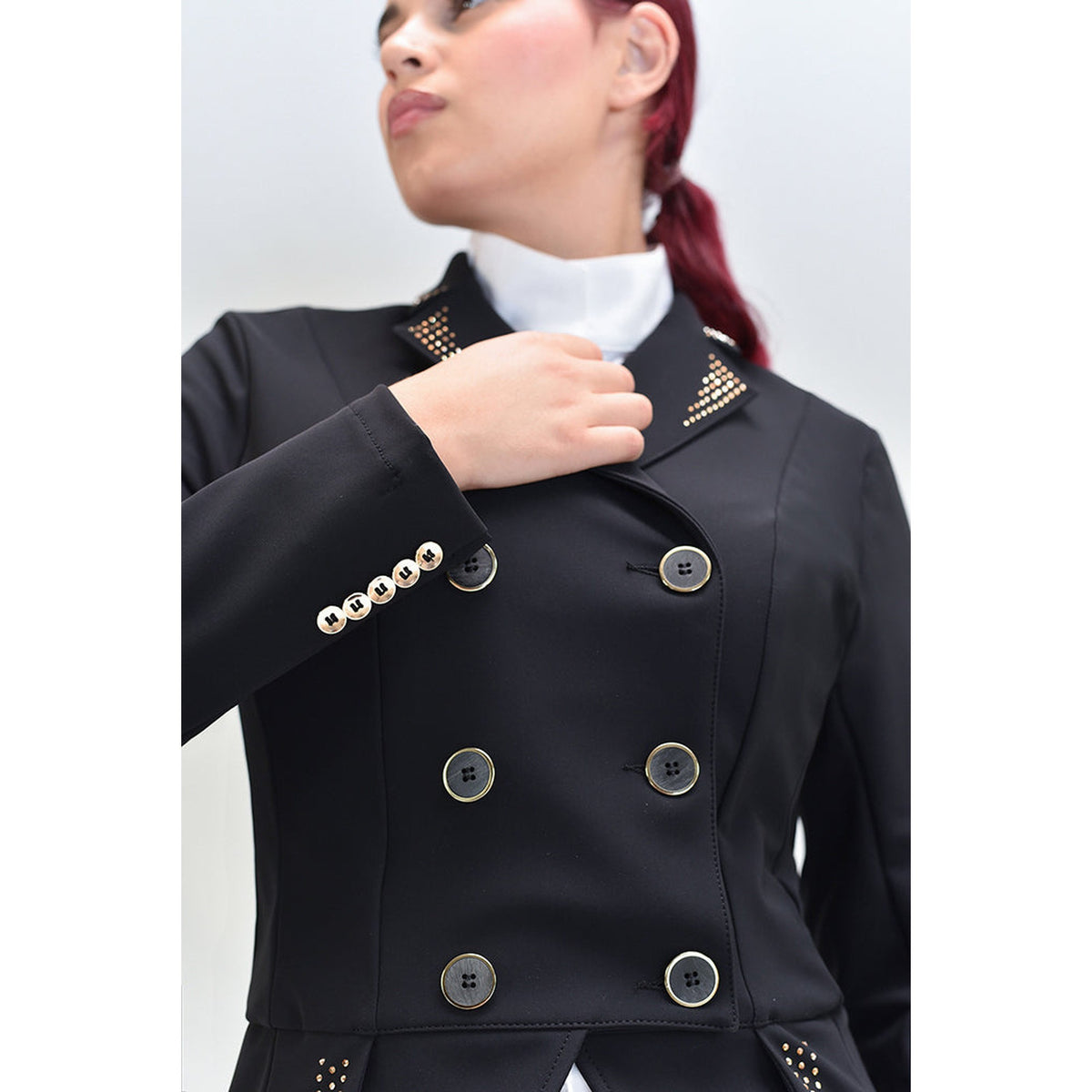 For Horses Isotta Lux Women's Shadbelly gold crystal collar and sleeve buttons, shown in Black