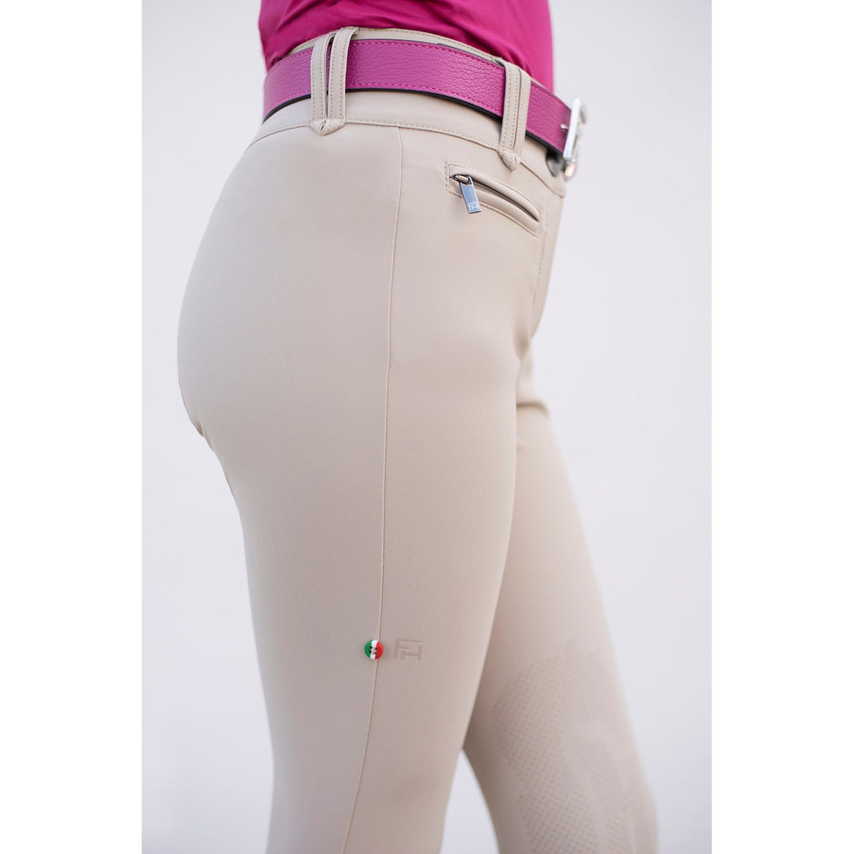 For Horses Joele Kids' Knee Grip Jodhpurs in Tan hip and zip pocket detail