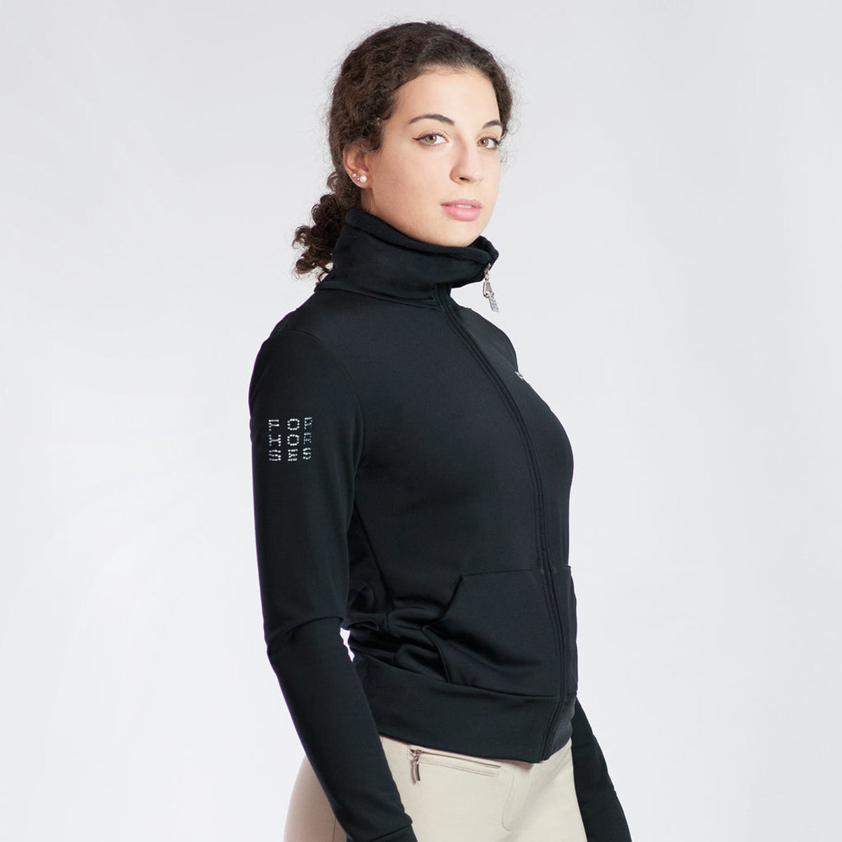 For Horses Kora Women's Zip Jacket side view with high collar, shown in Black