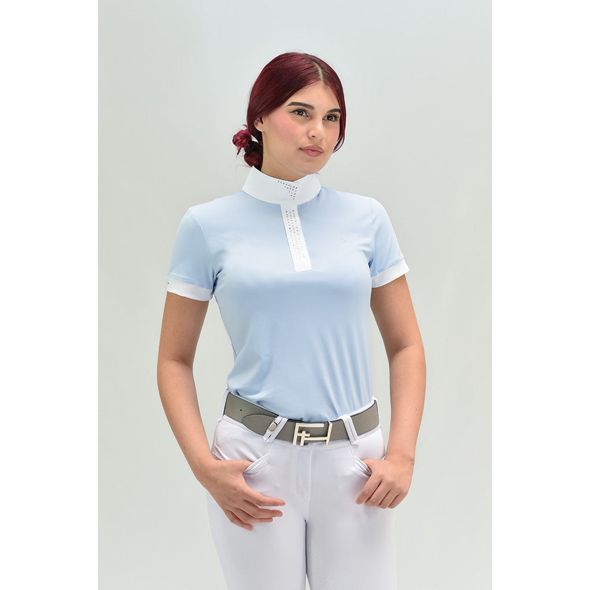 For Horses Magica Women's Short Sleeve Show Shirt in Sky Blue front view