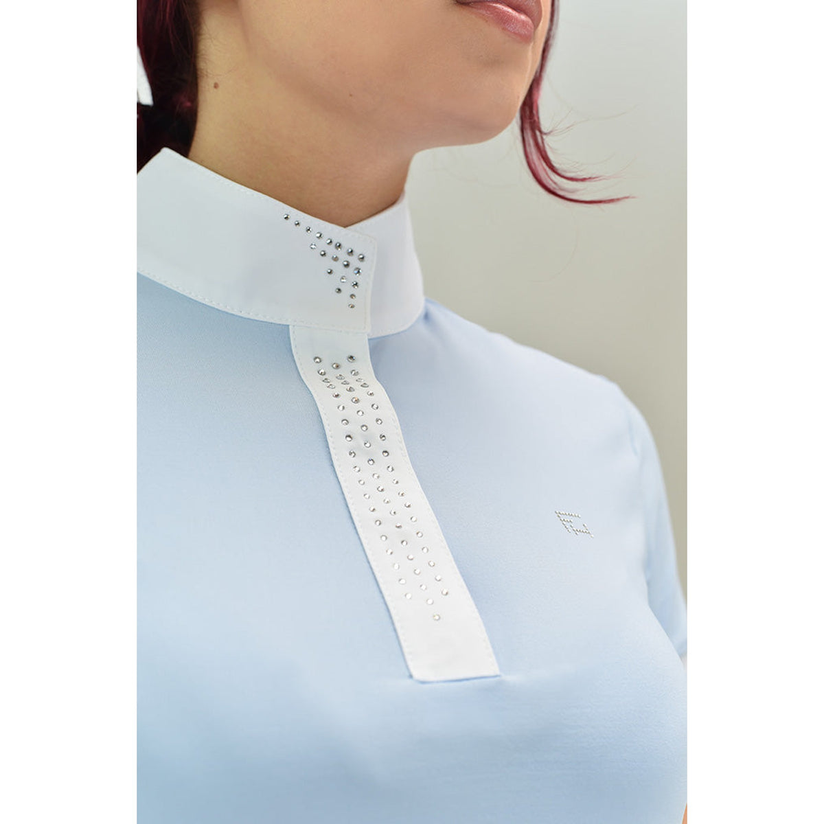 For Horses Magica Women's Short Sleeve Show Shirt in Sky Blue collar detail
