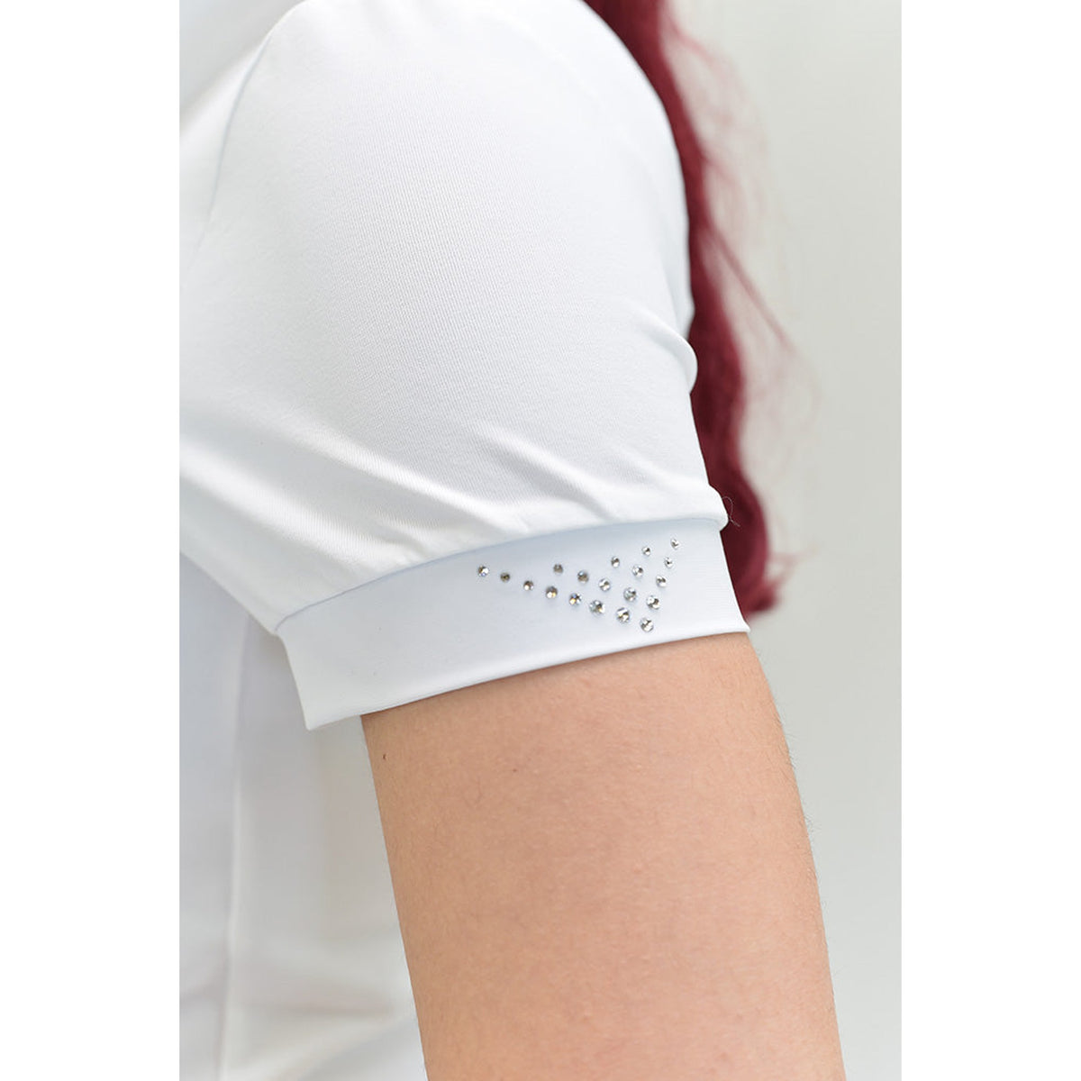 For Horses Magica Women's Short Sleeve Show Shirt in White crystal sleeve cuff