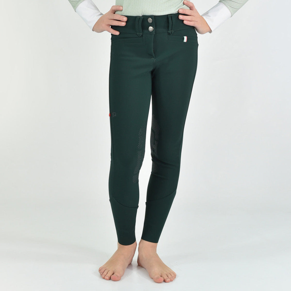 For Horses Poppy Girls' Knee Grip Breeches in Deep Green front view
