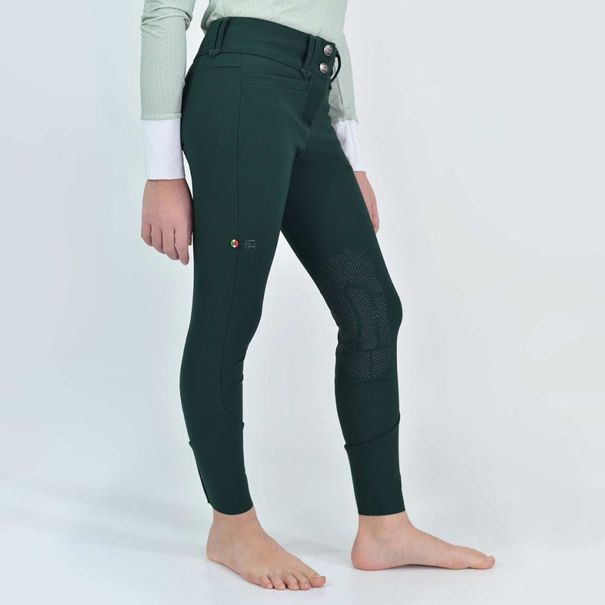 For Horses Poppy Girls' Knee Grip Breeches in Deep Green three-quarter side view