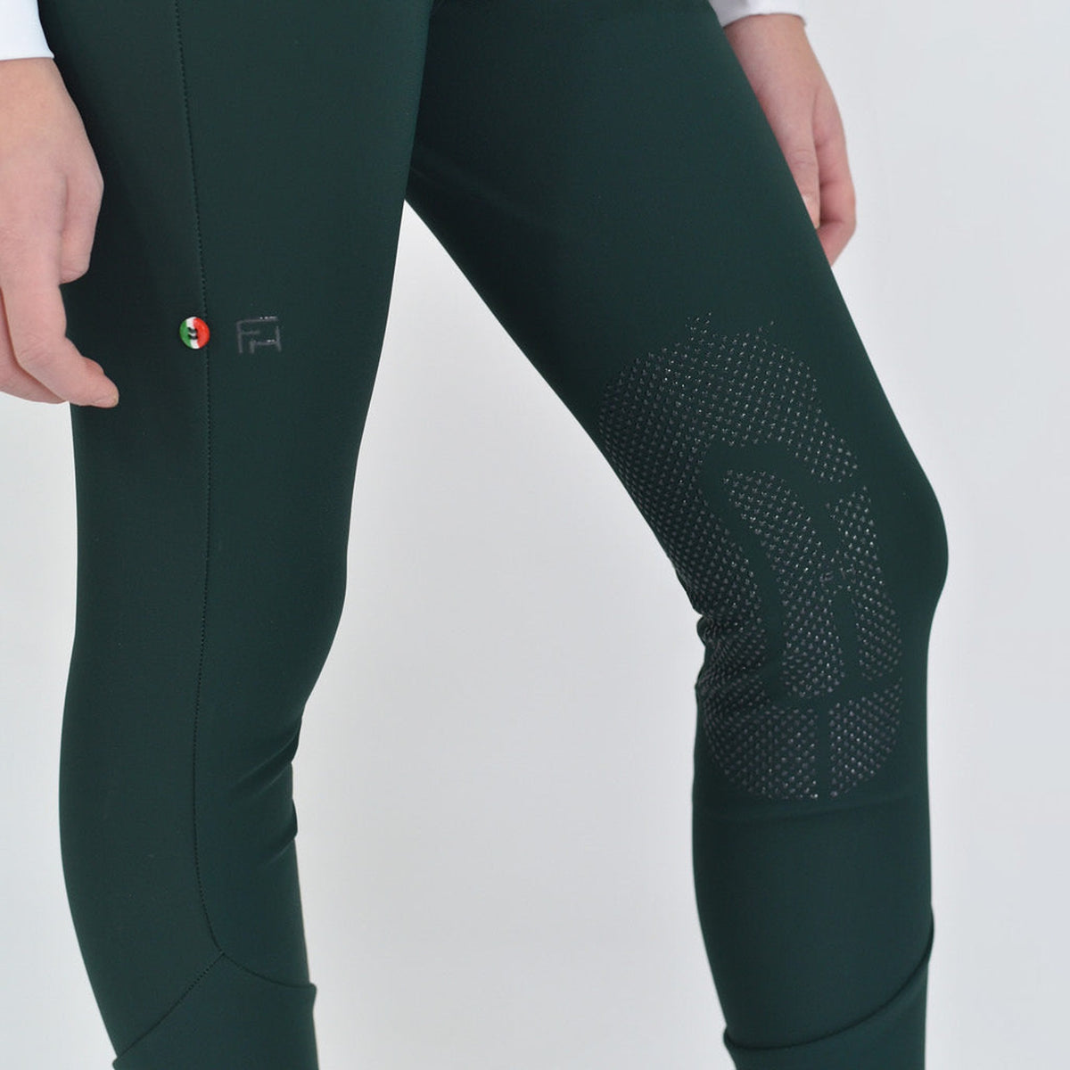 For Horses Poppy Girls' Knee Grip Breeches in Deep Green silicone knee grip detail