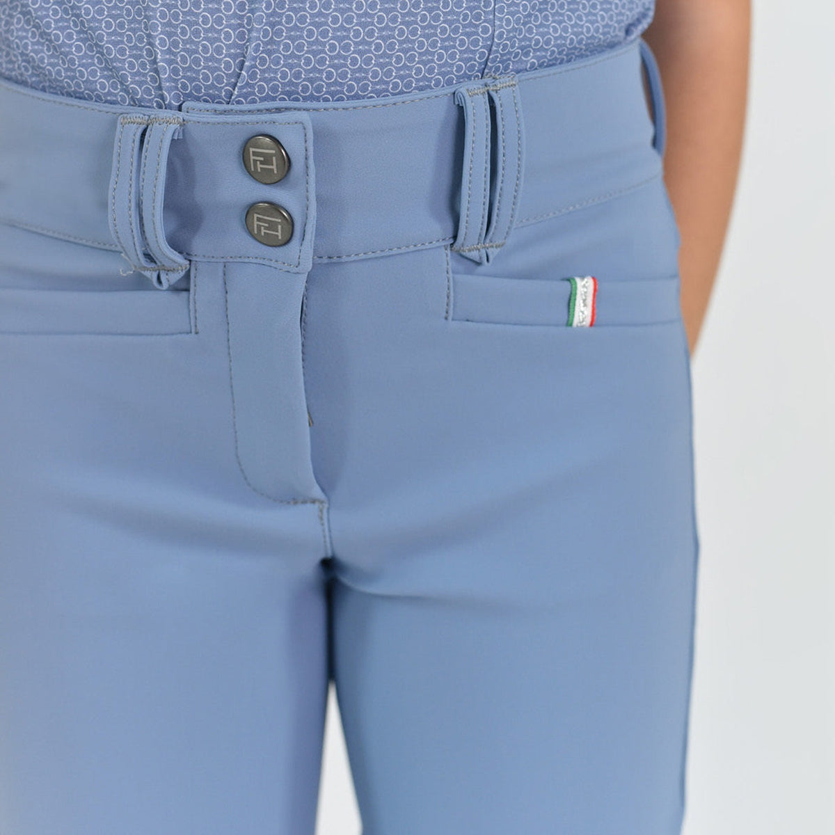 For Horses Poppy Girls' Knee Grip Breeches in Steel Blue front waist detail