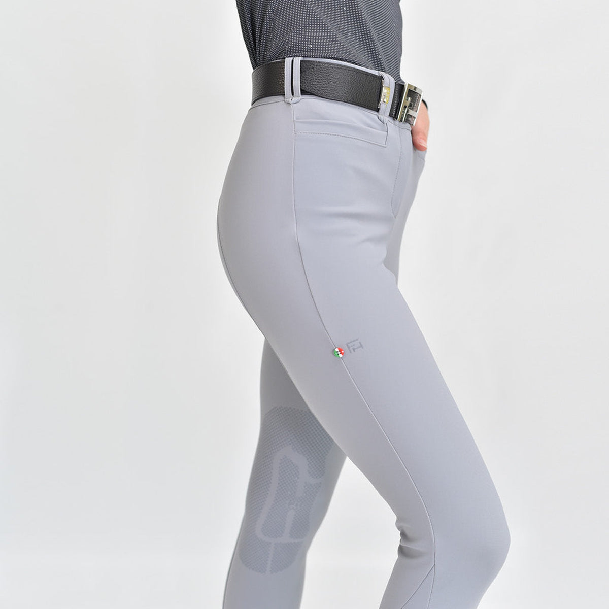 For Horses Rita Women's High Rise Knee Grip Breeches in Dove Gray side view with knee grip