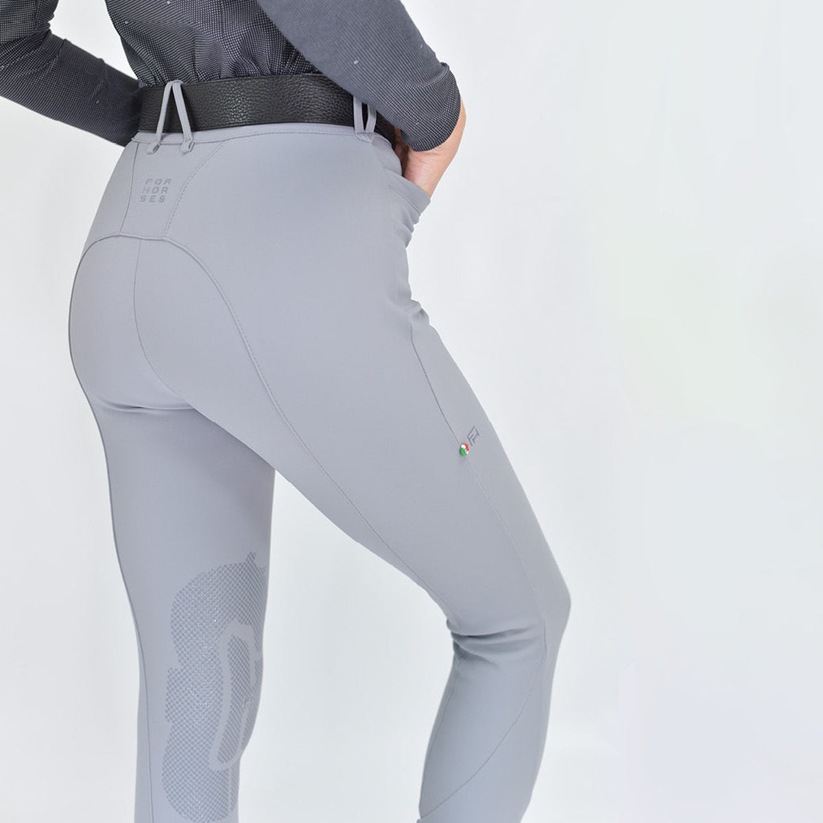 For Horses Rita Women's High Rise Knee Grip Breeches in Dove Gray smooth back detail