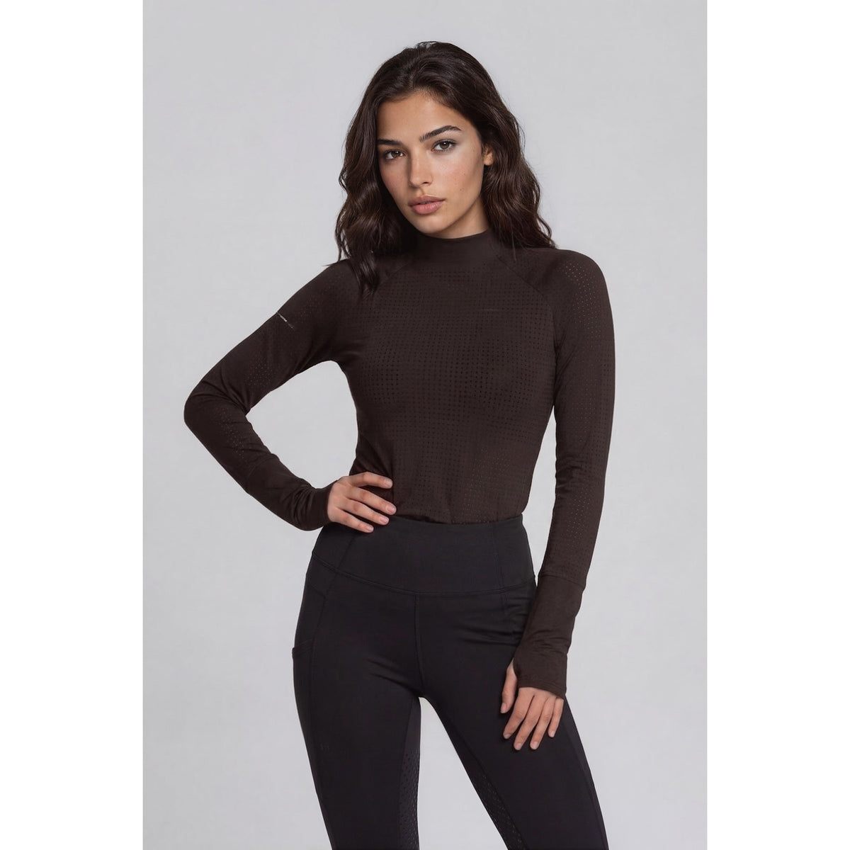 For Horses Willa Women's Long Sleeve Schooling Shirt in Brown front view