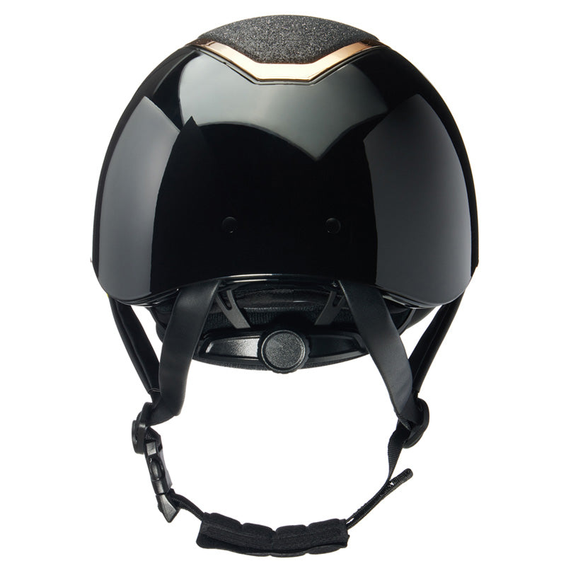 Charles Owen Kylo Helmet in Black Gloss with Rose Gold &amp; Black Sparkle top, back view | Malvern Saddlery