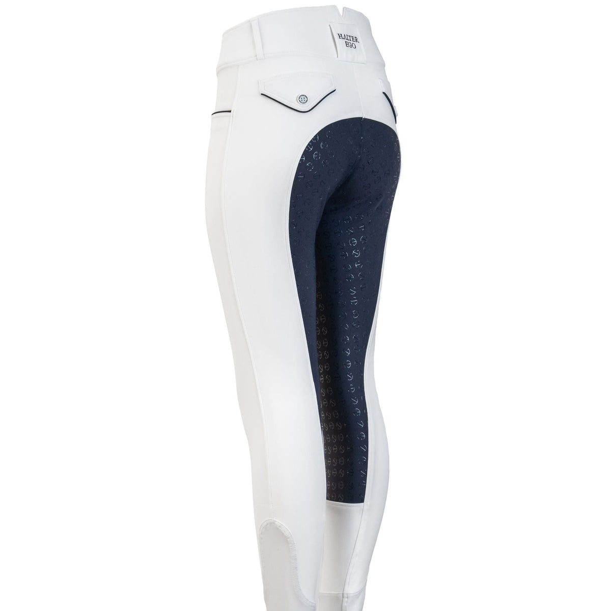Halter Ego Women's Evolution High Waist Full Grip Breeches - White/Navy, back view on white background | Malvern Saddlery