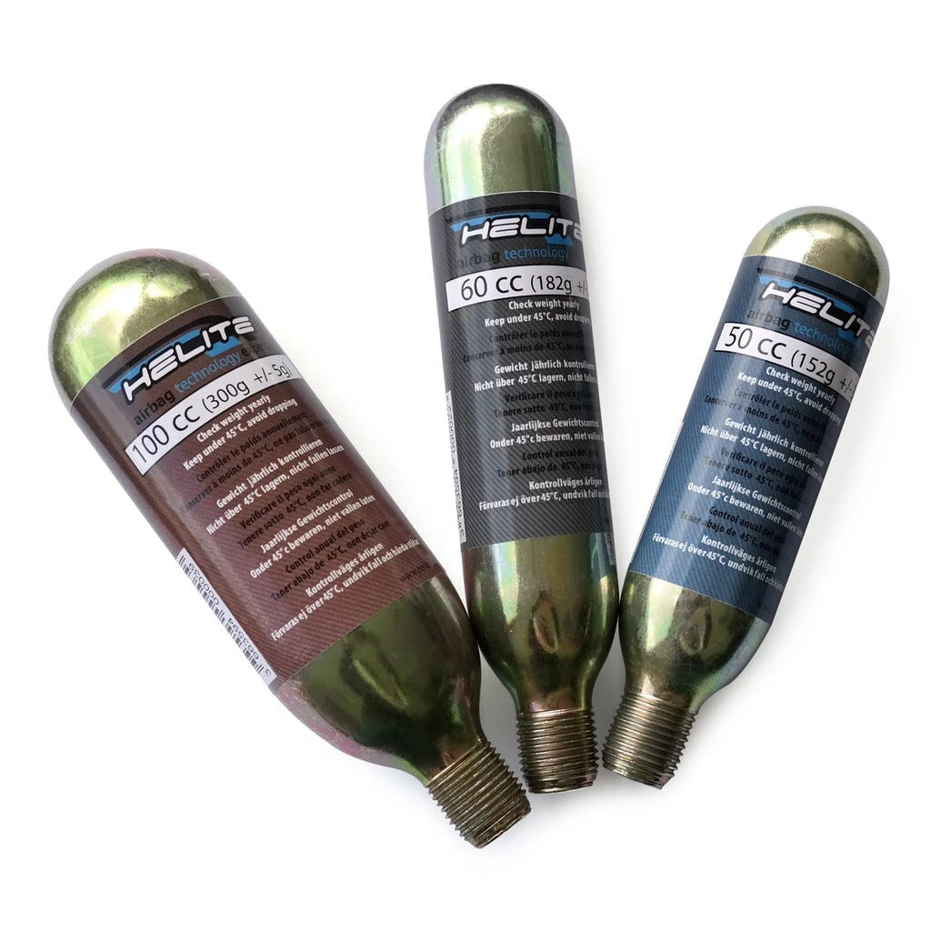 Helite Airbag Vest CO2 Cartridges - 100cc, 60cc and 50cc side by side | Malvern Saddlery
