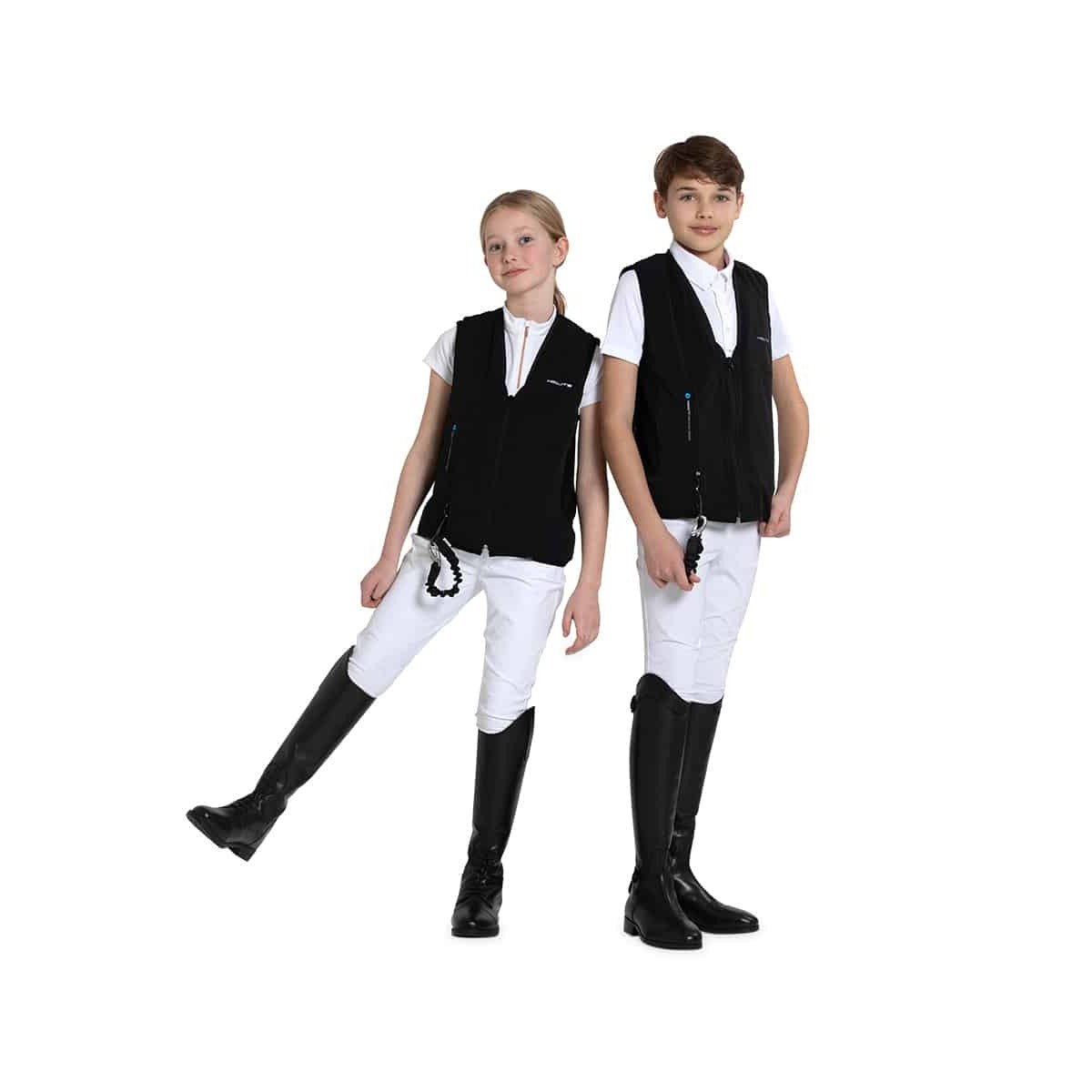 Helite Zip'In 2 Kids Airbag Vest - Black, two young riders | Malvern Saddlery