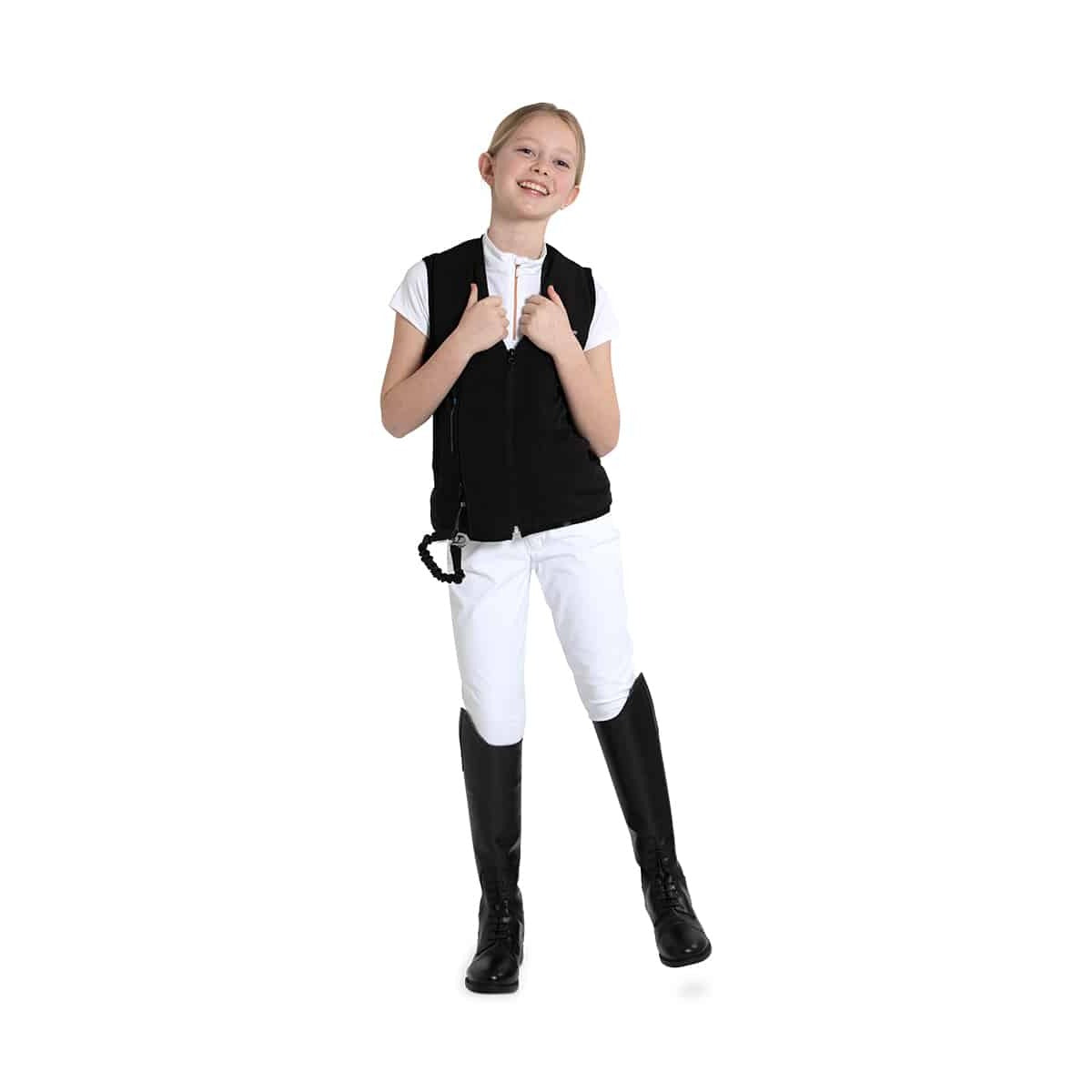 Helite Zip'In 2 Kids Airbag Vest - Black, worn by young rider, front | Malvern Saddlery