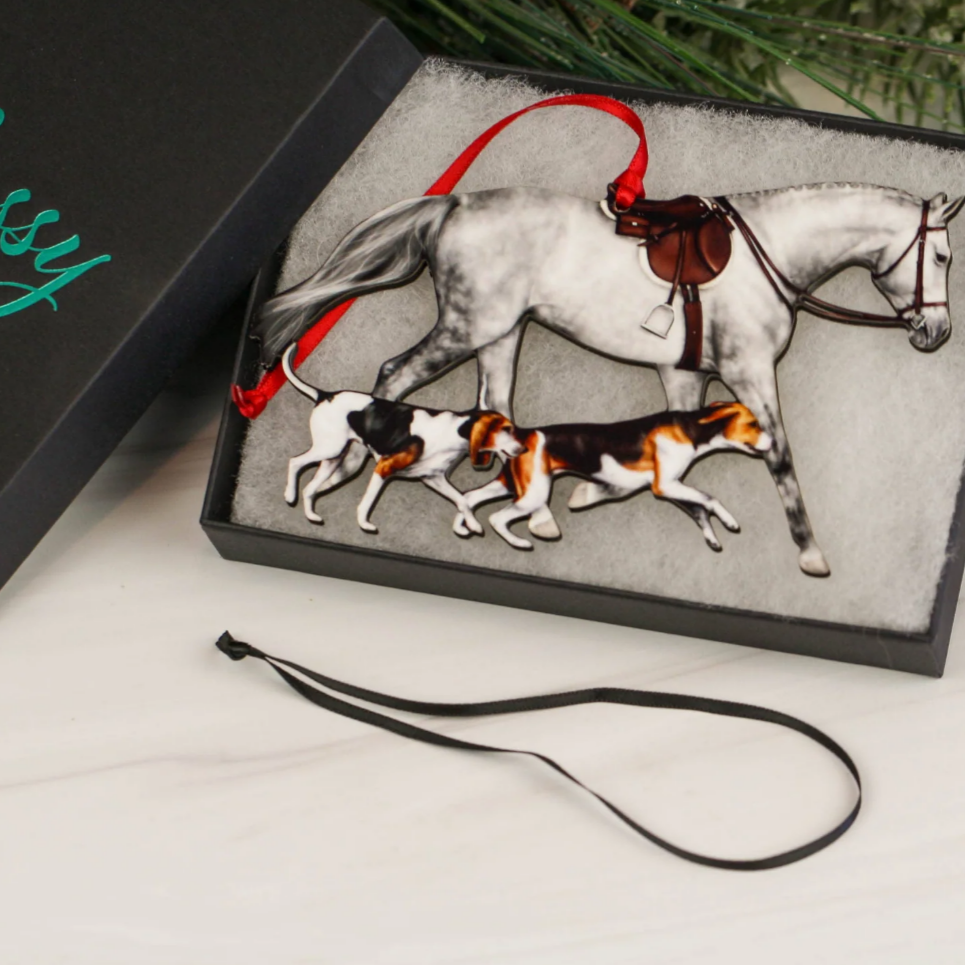 Horse and Hound Field Hunter Ornament - Dapple Gray; shown in gift box with red & black ribbons | Equestrian Gifts | Malvern Saddlery