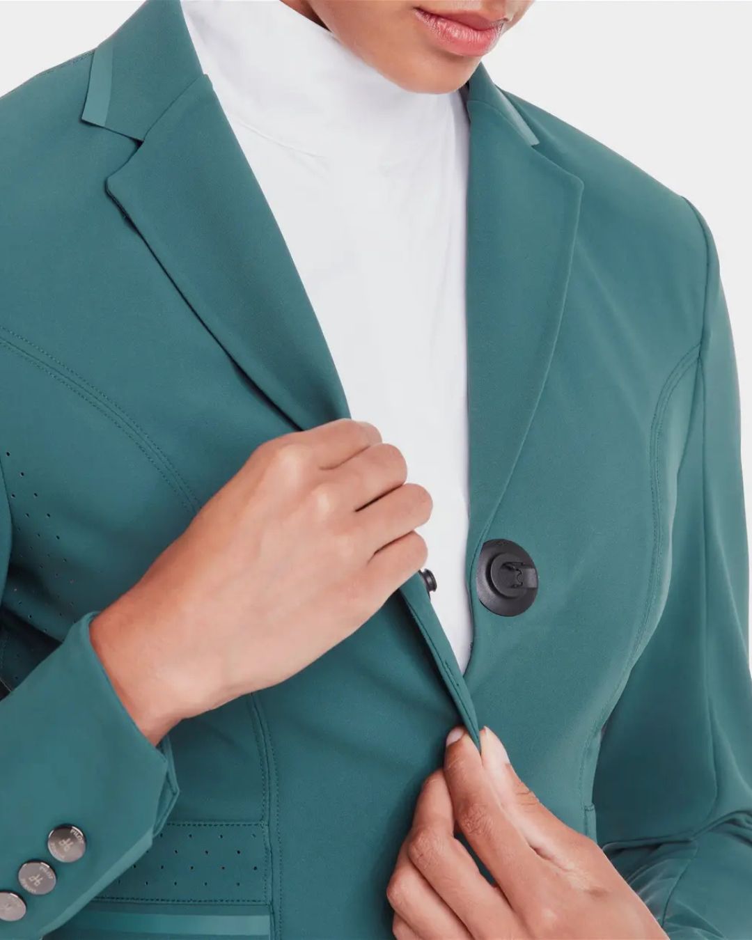 Horse Pilot Aeromade Women's Competition Jacket - Balsam Green, magnetic button detail | Equestrian Show Coats | Malvern Saddlery