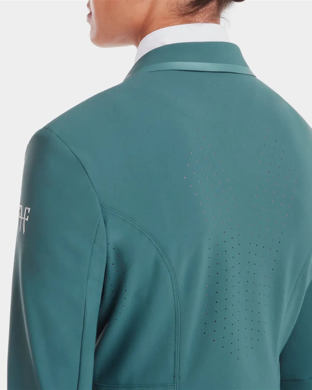 Horse Pilot Aeromade Women's Competition Jacket - Balsam Green, back detail, collar & perforations | Equestrian Show Coats | Malvern Saddlery