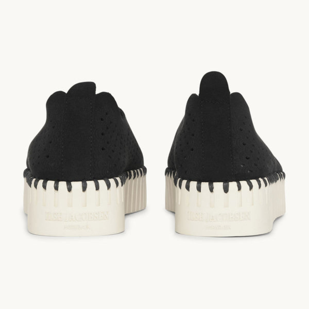 Rear view of Black Ilse Jacobsen Tulip 3373 Platform Slip-On shoe displaying signature hand-stitched construction and embossed heel logo.