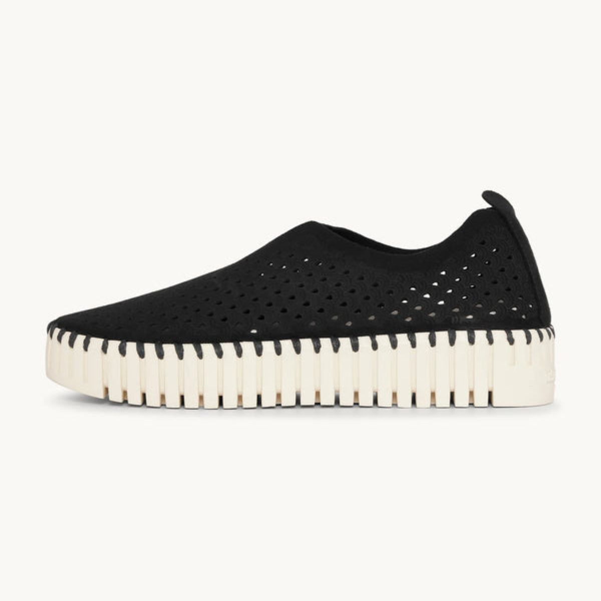 Black Ilse Jacobsen Tulip 3373 Platform Slip-On shoe side view showing laser-cut microfiber upper and thick cushioned outsole.