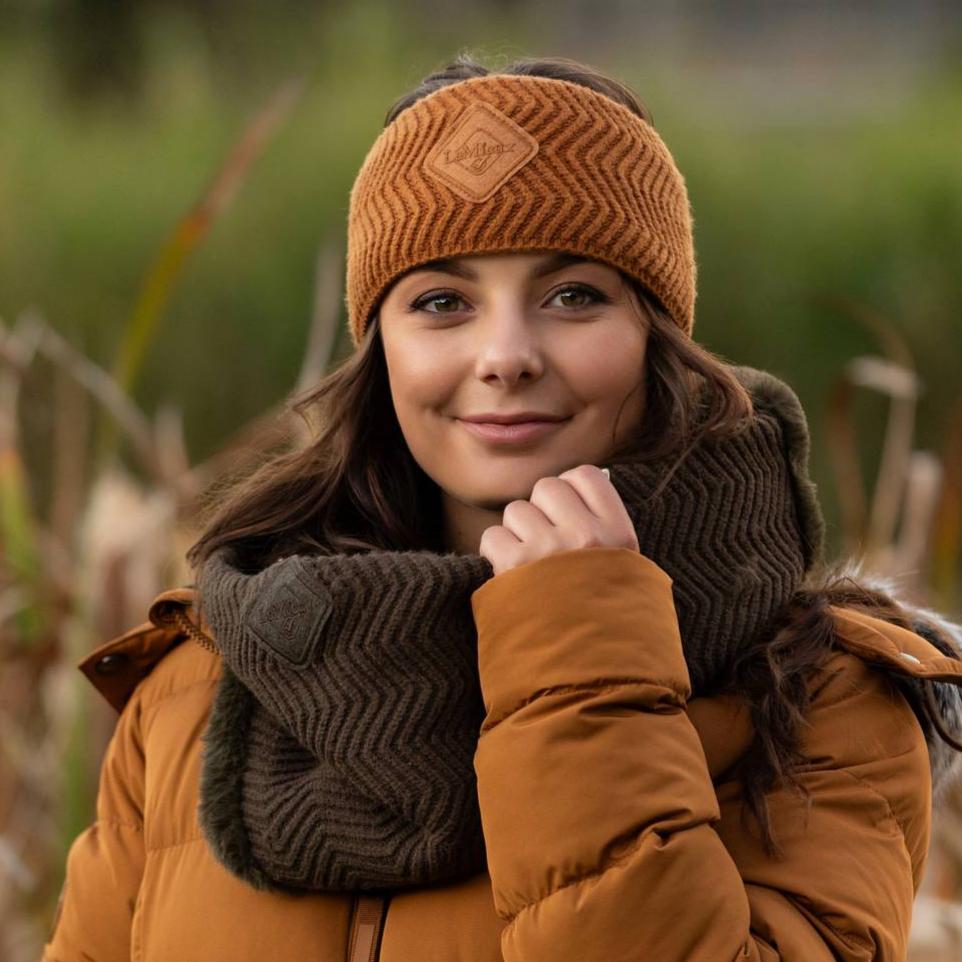 LeMieux Lila Snood - Neck Scarf - Alpine Brown, shown on model with Ginger Headband | Malvern Saddlery