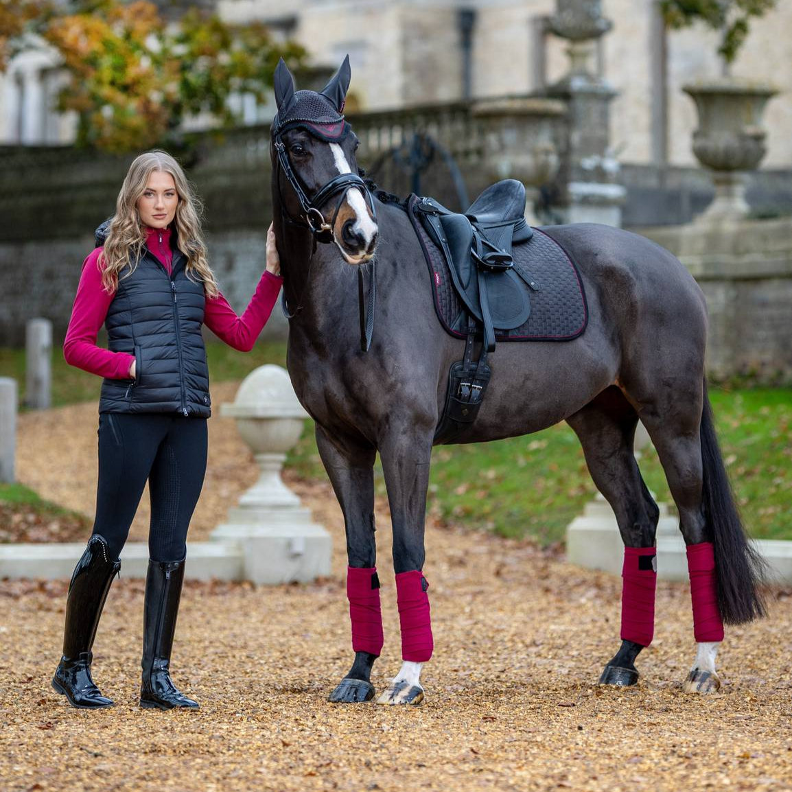 LeMieux Suede Dressage Square Saddle Pad - Cinder, shown on horse with saddle & other accessories | Malvern Saddlery