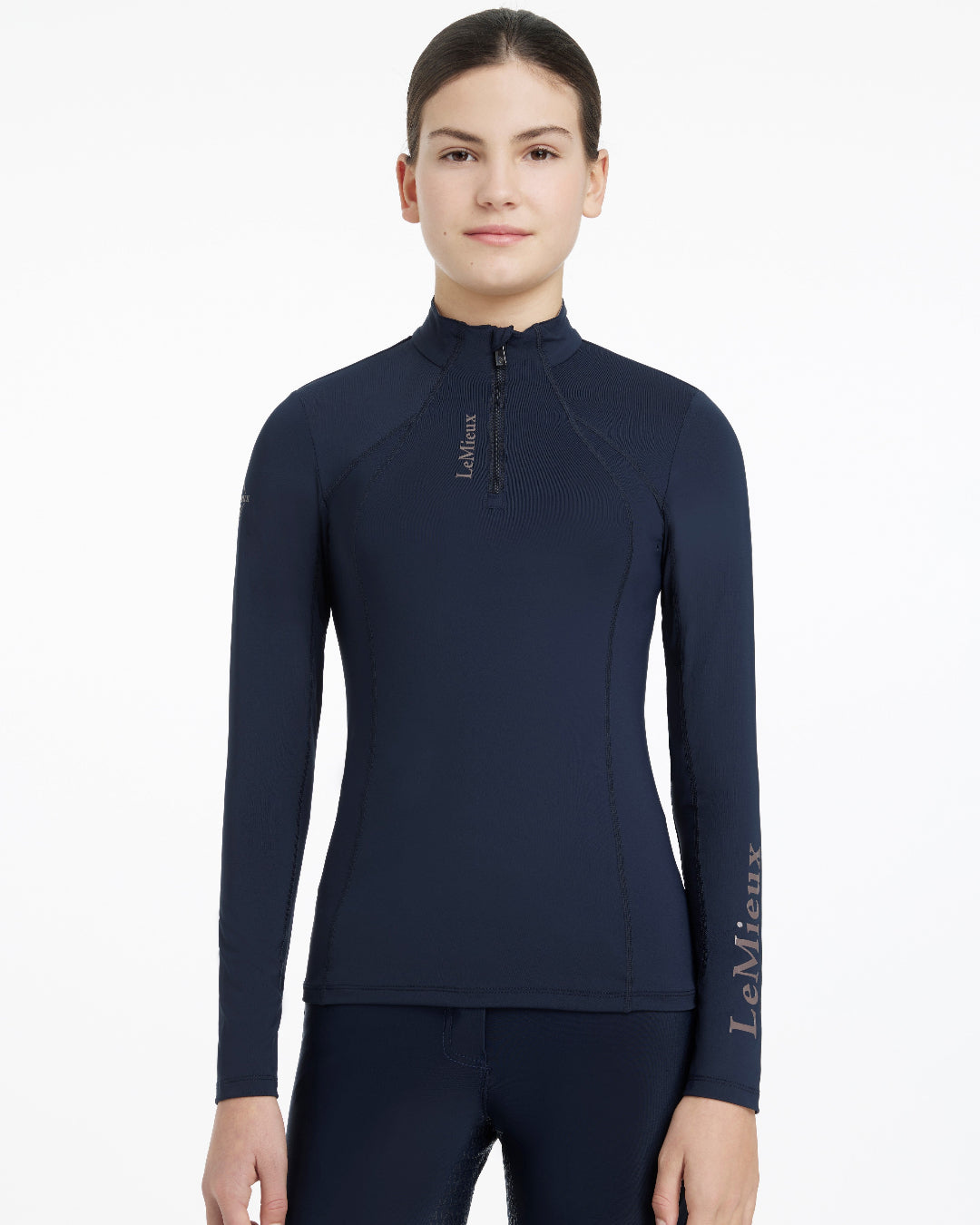 LeMieux Young Rider Classique Base Layer - Navy; on model, white background | Children's Training Shirts | Malvern Saddlery