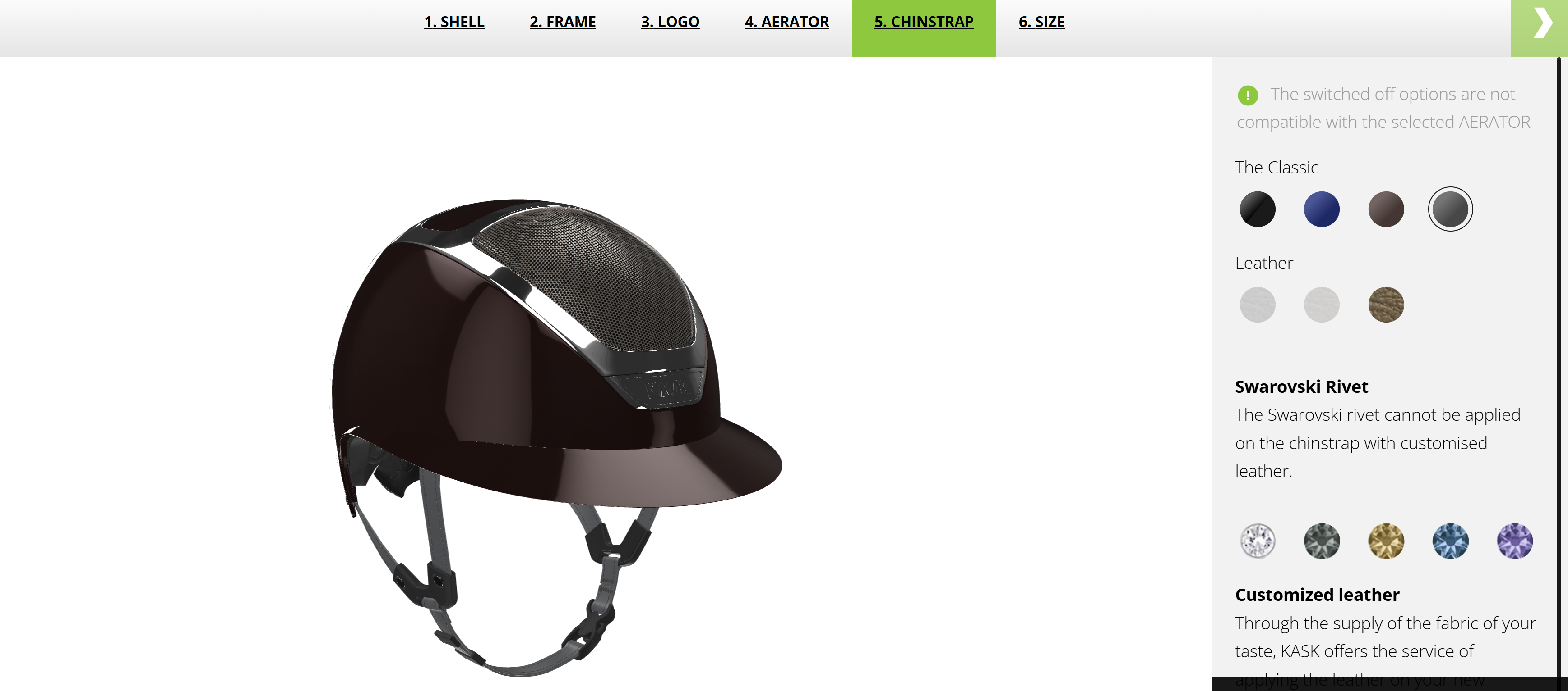 Black helmet with customization options on a website interface