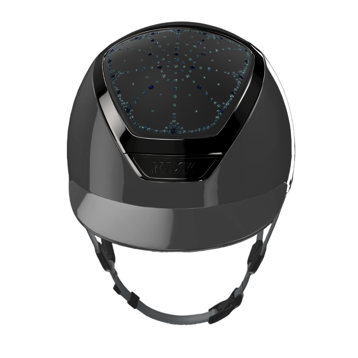 Kask Dogma Shine Equestrian Helmet - Anthracite Shell, Black Chrome Frame, Riviera Montana Blue Swarovski pattern | Malvern Saddlery