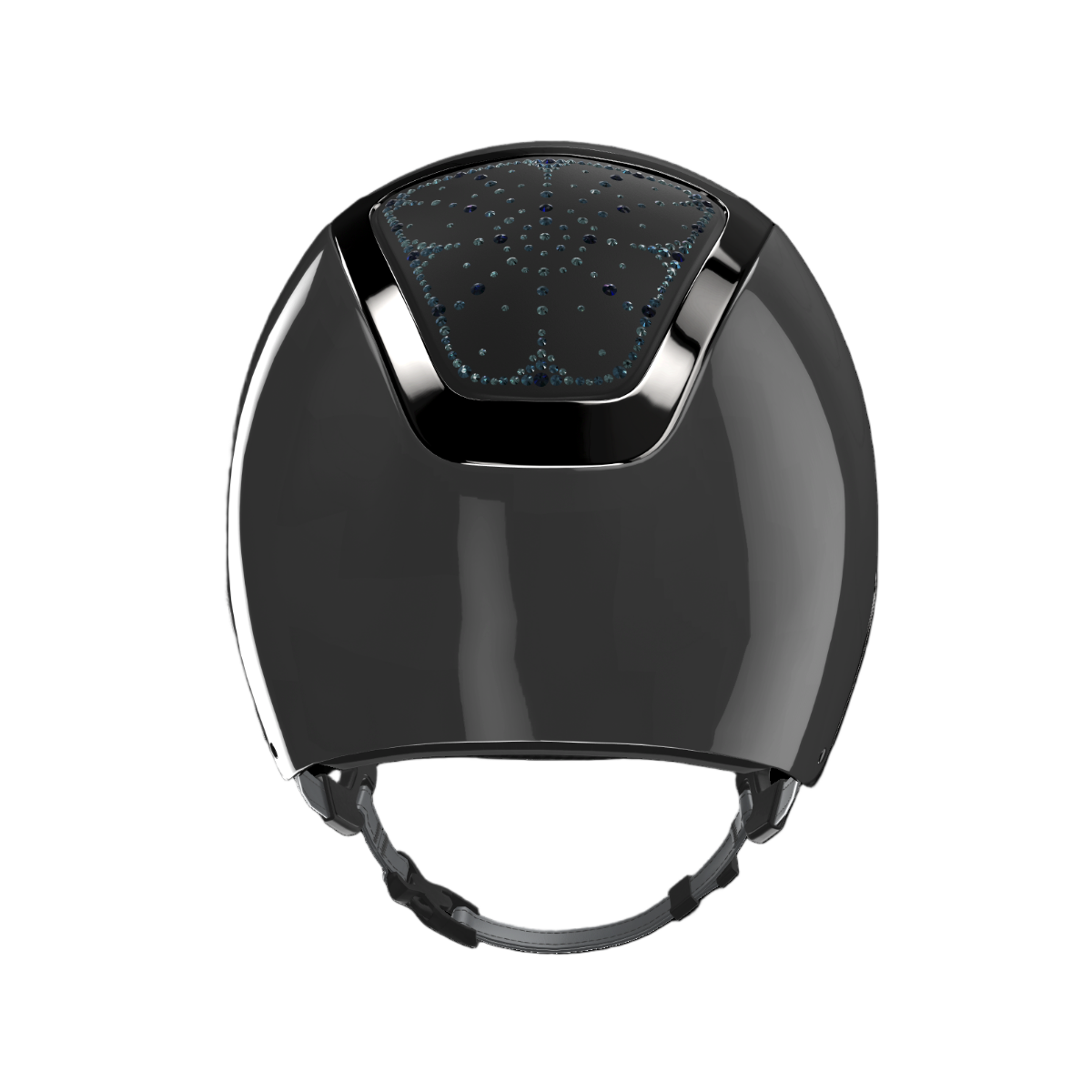 Kask Dogma Shine Equestrian Helmet - Anthracite Shell, Black Chrome Frame, Riviera Montana Blue Swarovski pattern; back view | Malvern Saddlery