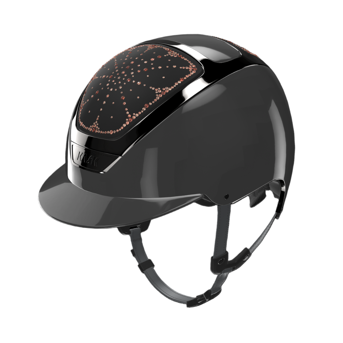 Kask Dogma Shine Equestrian Helmet - Anthracite Shell, Black Chrome Frame, Riviera Vintage Rose Swarovski pattern | Malvern Saddlery