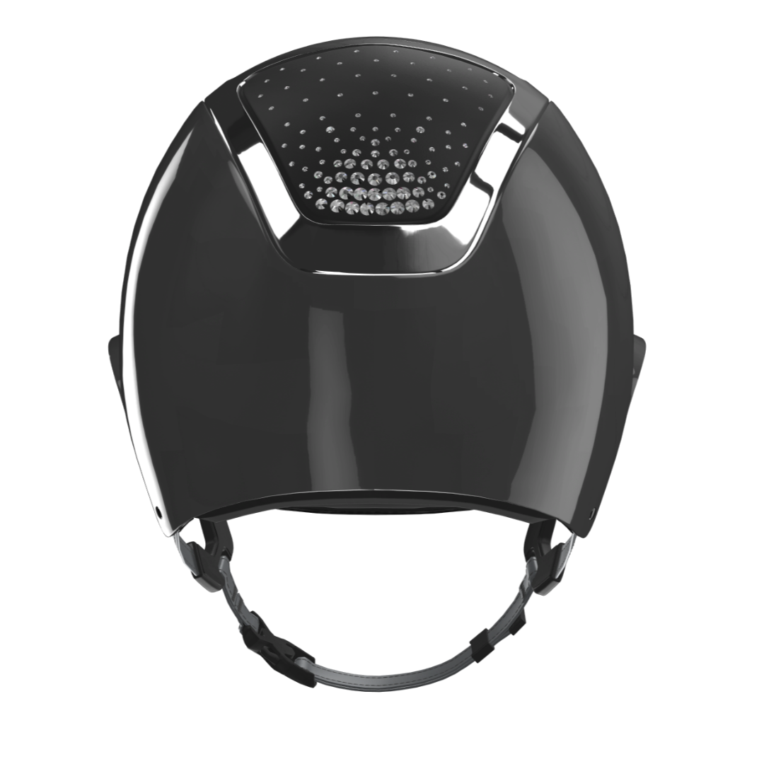 KASK Equestrian Star Lady Shine PASSAGE Helmet - Anthracite Shell, Silver Chrome Frame, Clear Swarovski Crystals on black; back view | Wide Brim Helmets | Malvern Saddlery