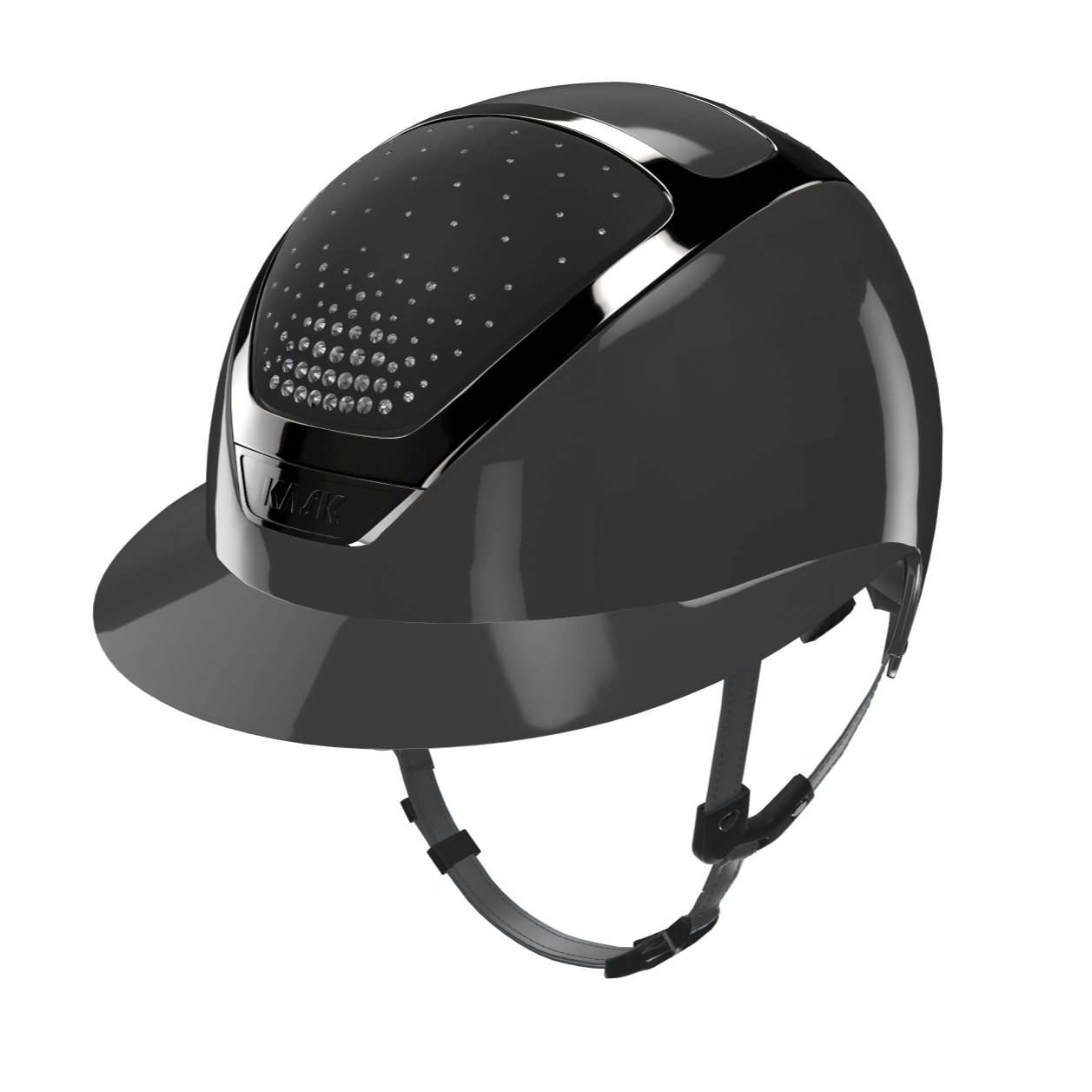 KASK Equestrian Star Lady Shine PASSAGE Helmet - Anthracite Shell, black Chrome Frame, Clear Swarovski Crystals on black | Wide Brim Helmets | Malvern Saddlery