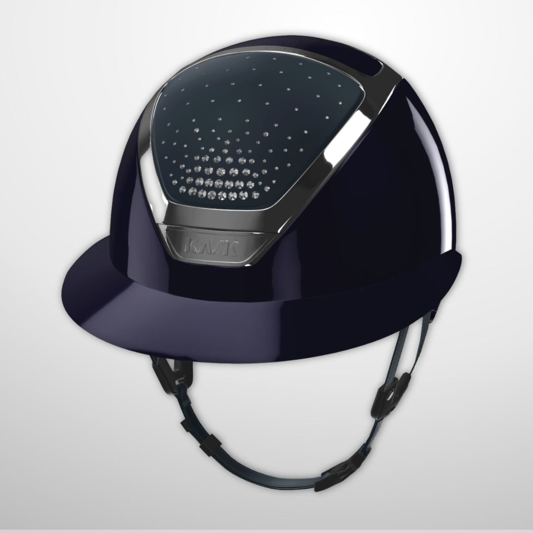 KASK Equestrian Star Lady Shine PASSAGE Helmet - Atlantic Blue Shell, Silver Chrome Frame, Clear Swarovski Crystals | Wide Brim Helmets | Malvern Saddlery