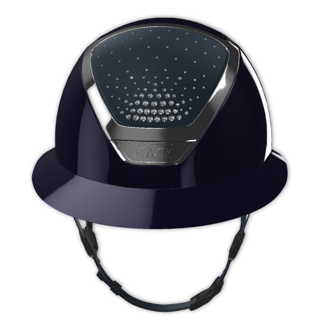 KASK Equestrian Star Lady Shine PASSAGE Helmet - Atlantic Blue Shell, Silver Chrome Frame, Clear Swarovski Crystals; front view | Wide Brim Helmets | Malvern Saddlery