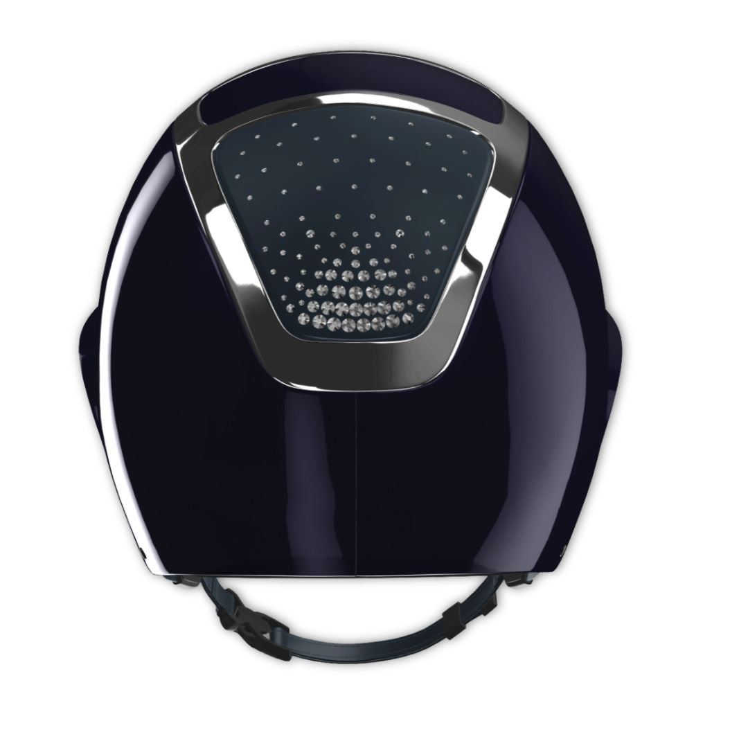 KASK Equestrian Star Lady Shine PASSAGE Helmet - Atlantic Blue Shell, Silver Chrome Frame, Clear Swarovski Crystals; back view | Wide Brim Helmets | Malvern Saddlery