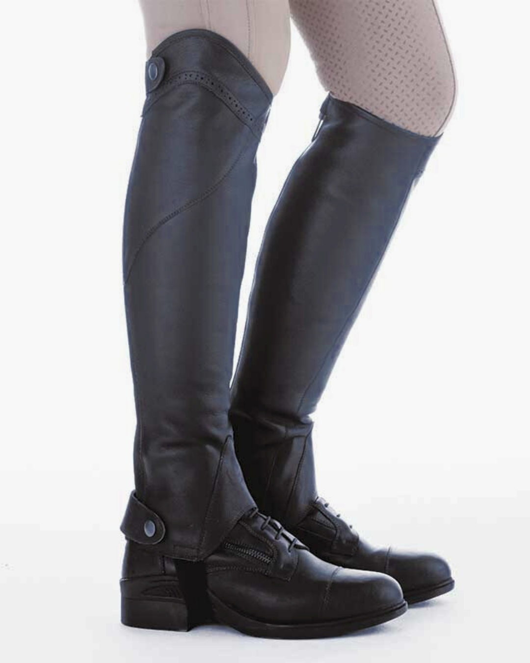 Kavalkade Leather Romulus  Side Zip Paddock Boot  & Remus Half Chap - Black, shown on person standing against white background | Riding Boots  | Malvern Saddlery