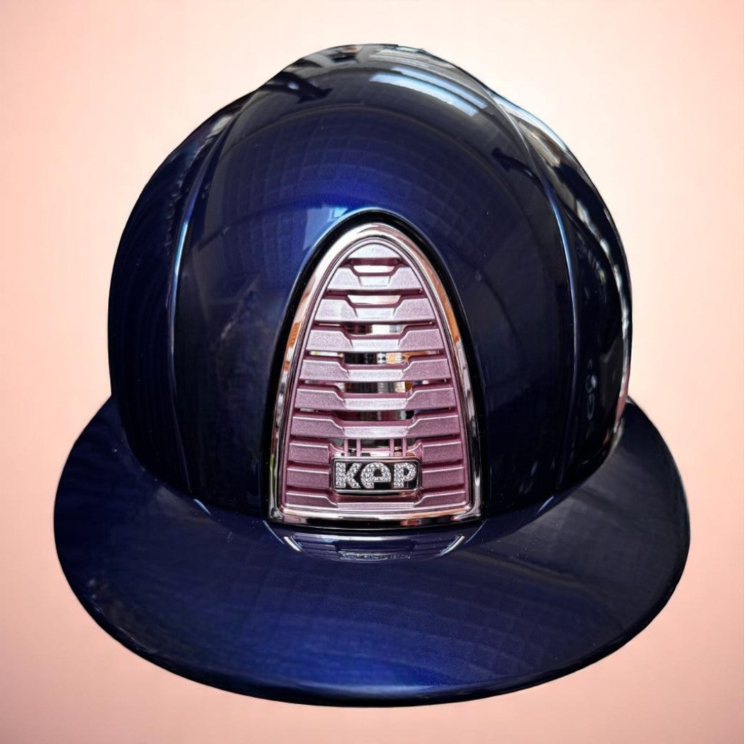 Malvern Designed KEP Itala polo brim equestrian helmet - Navy polish, rose gold details | Malvern Saddlery