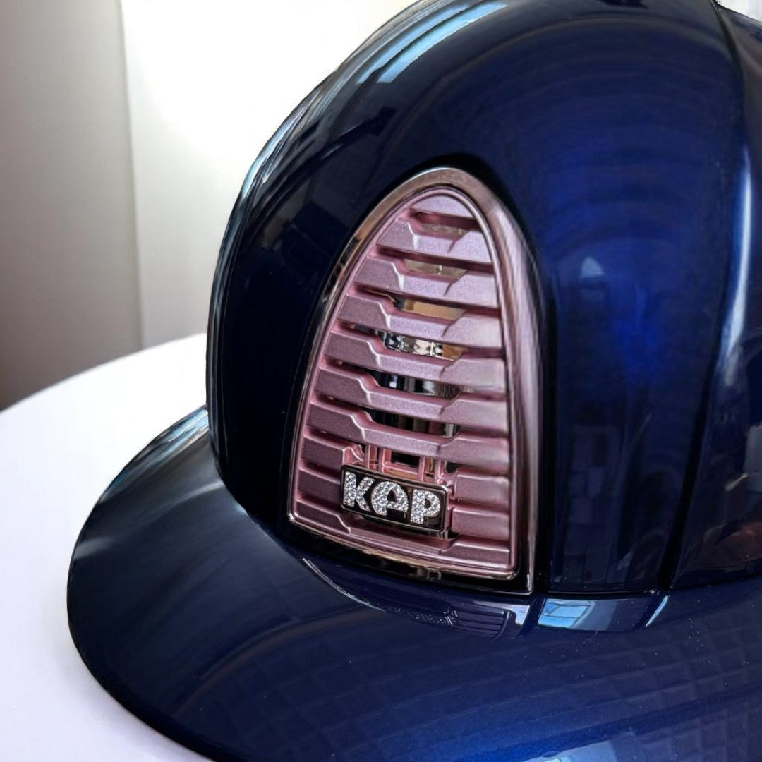 Malvern Designed KEP Itala polo brim equestrian helmet - Navy polish, rose gold details | Malvern Saddlery