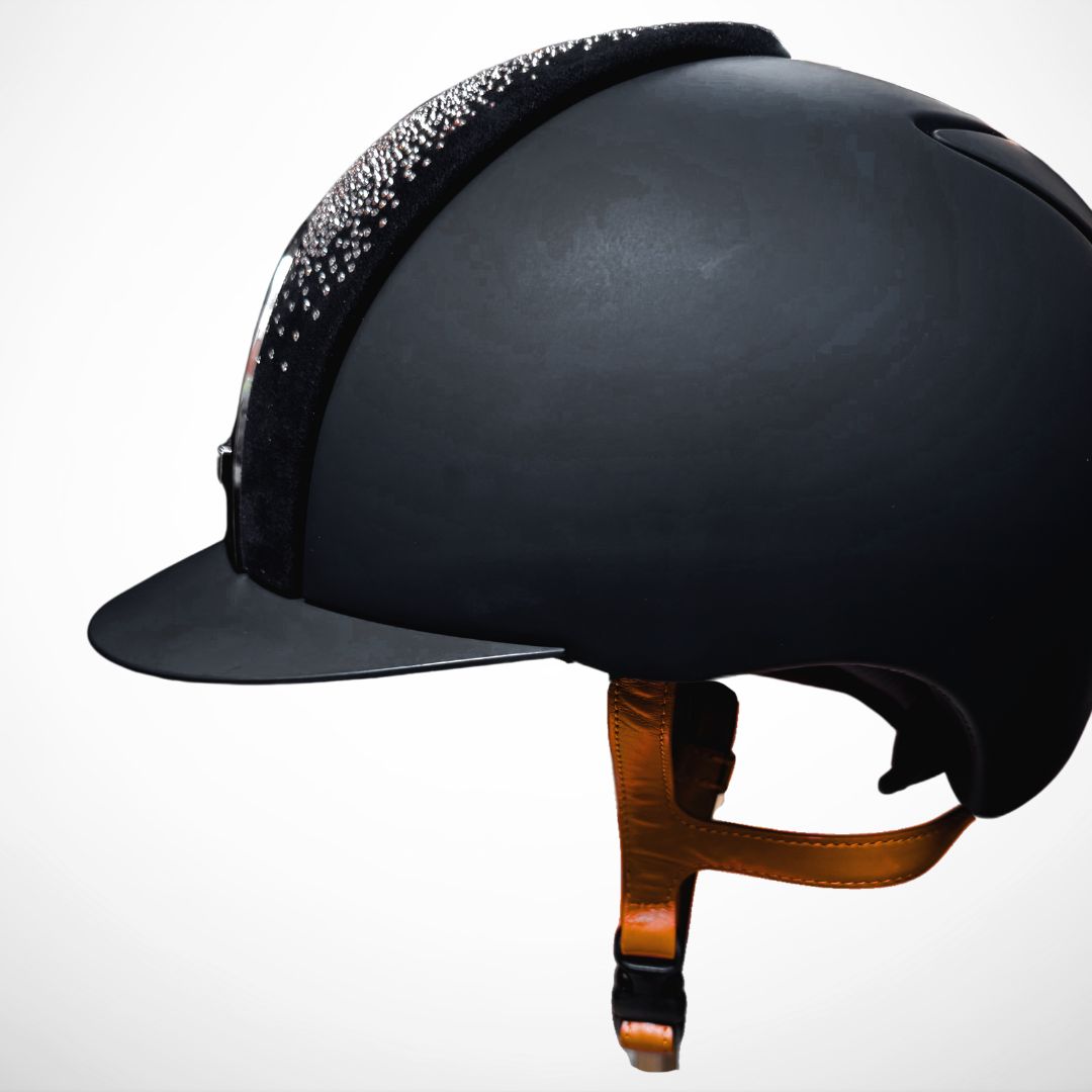 Kep Italia Cromo 2.0 Custom Equestrian Helmet - Black with Suede  Crystal front, side view cognac leather chinstrap | Malvern Saddlery
