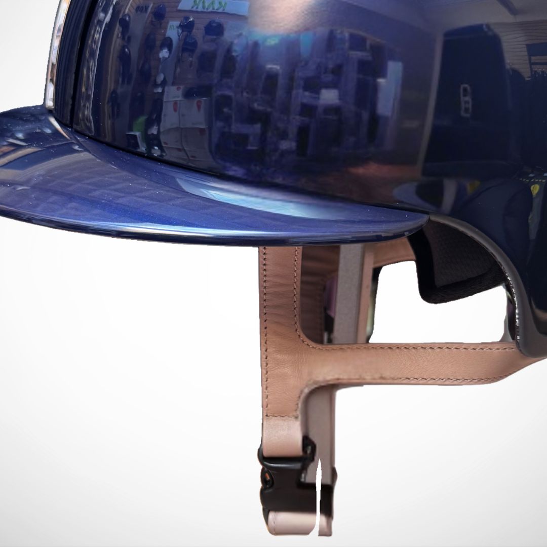 KEP Italia Cromo 2.0 Blue Polish & Rose Gold Polo Brim Equestrian Helmet - Cipria chinstrap detail  | Malvern Saddlery custom design