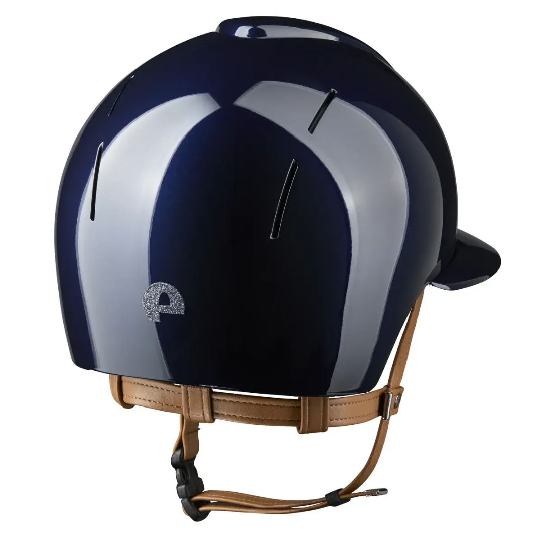 KEP Italia Smart Nova Metal Polish SILVER Star Equestrian Helmet - Polo Brim - Navy w Silver Star grill, tan chinstrap; back view on white background | Malvern Saddlery