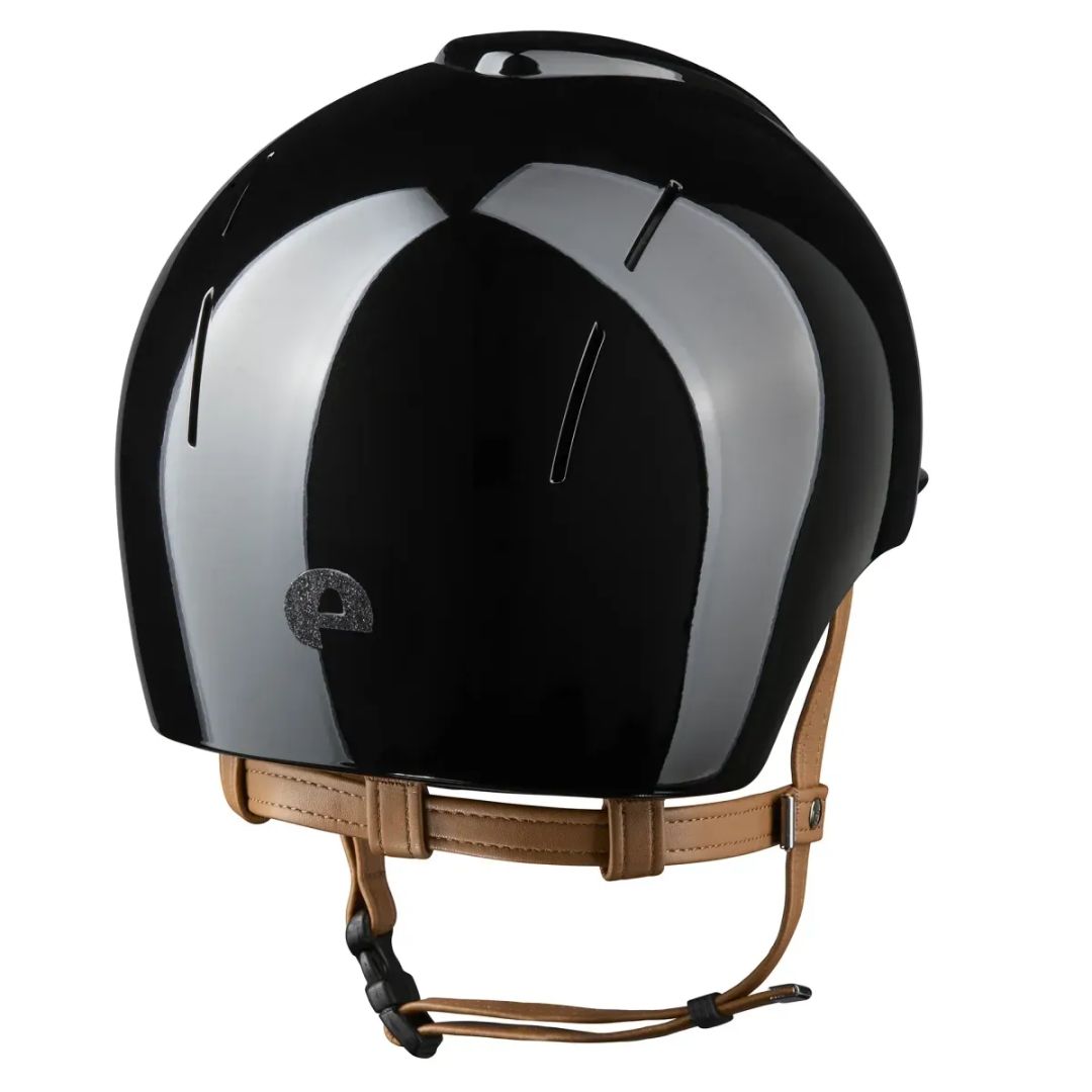 Kep Italia Smart Nova Star Metal Polish Equestrian Helmet - black with Tonal Star grill, tan chinstrap; back view on white background | Malvern Saddlery