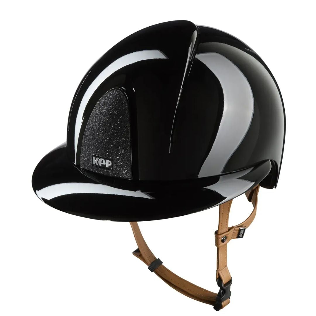 KEP Italia Smart Nova Metal Polish Star Equestrian Helmet - Polo Brim - Black with Star grill, tan chinstrap; on white background | Malvern Saddlery
