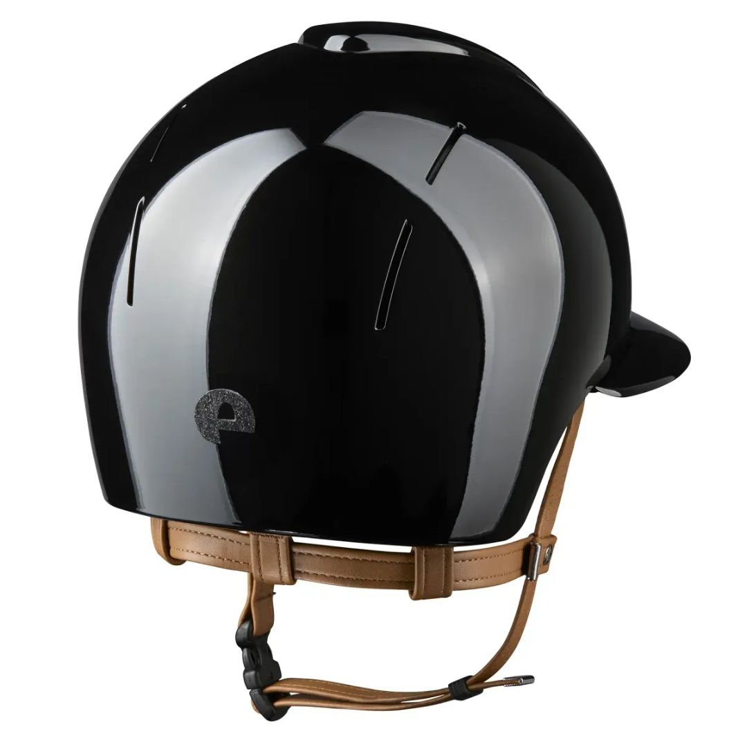 KEP Italia Smart Nova Metal Polish Star Equestrian Helmet - Polo Brim - Black with Star grill, tan chinstrap; back view on white background | Malvern Saddlery