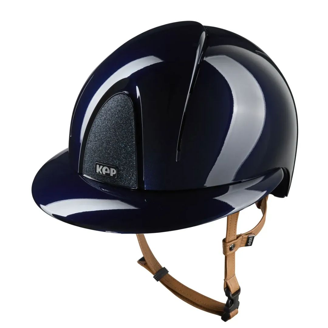 KEP Italia Smart Nova Metal Polish Star Equestrian Helmet - Polo Brim - Navy with Star grill, tan chinstrap; on white background | Malvern Saddlery