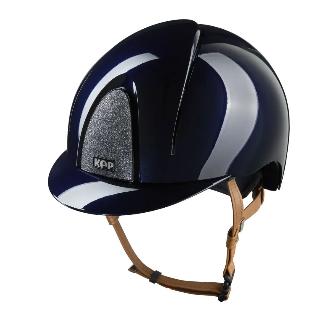Kep Italia Smart Nova Star Metal Polish Equestrian Helmet - Navy with Silver Star grill, tan chinstrap on white background | Malvern Saddlery