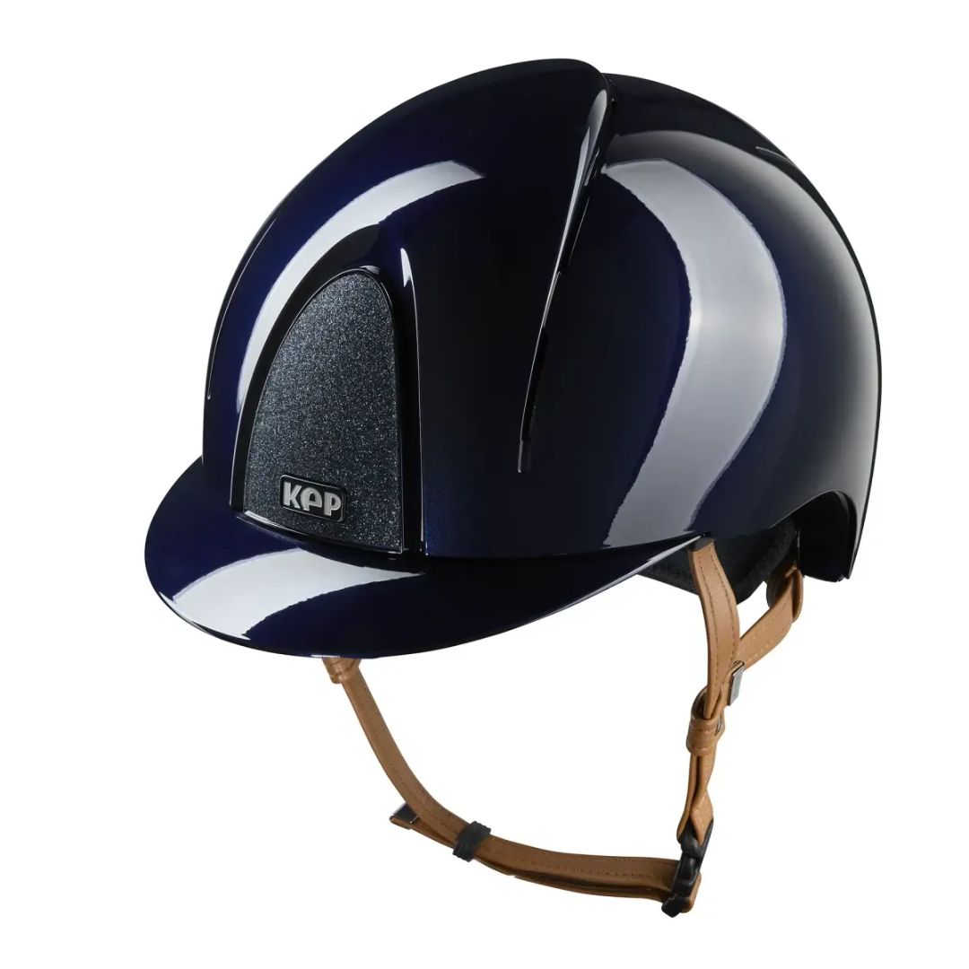 Kep Italia Smart Nova Star Metal Polish Equestrian Helmet - navy with Tonal Star grill, tan chinstrap on white background | Malvern Saddlery