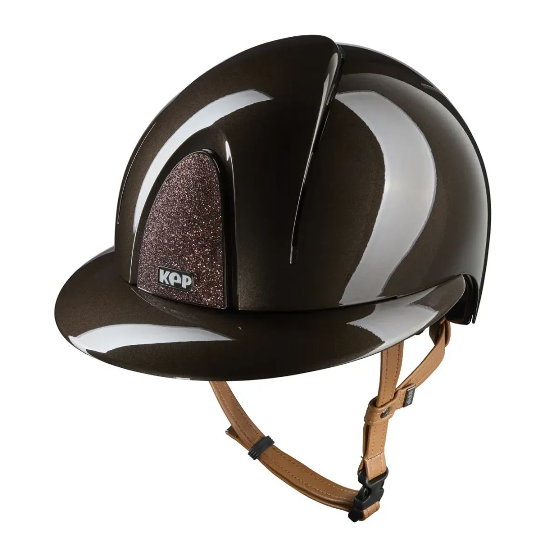 KEP Italia Smart Nova Metal Polish Star Equestrian Helmet - Polo Brim - Brown w Star grill, tan chinstrap; on white background | Malvern Saddlery