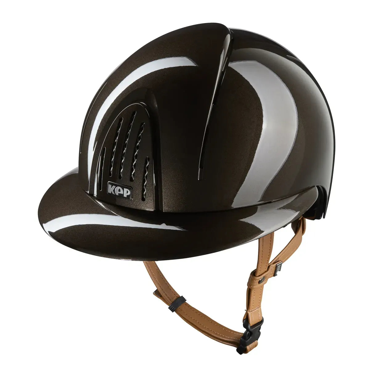 KEP Italia Smart Nova Metal Polish Equestrian Helmet - Polo Brim - Brown with Tan chinstrap; shown on white background | Malvern Saddlery
